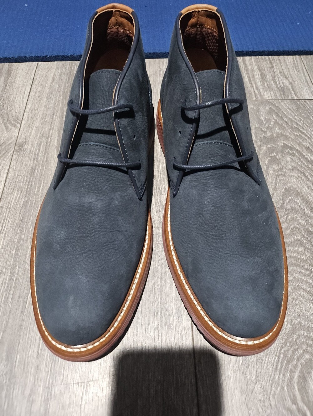Johnston & Murphy Navy Suede Chukka Boots with Brown Contrast Sole